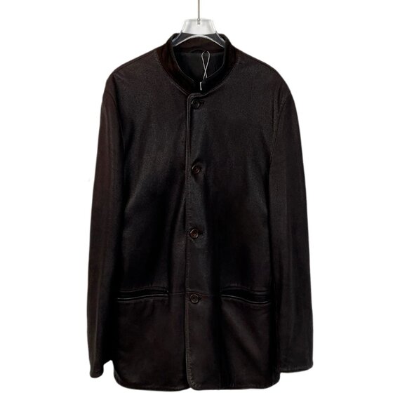 H12048 Zegna Brown Stand Collar Long Sleeve Leather Jacket 50 L Size Slightly Wo